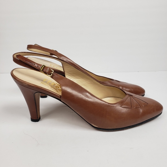 Ferragamo Cognac Brown Leather Slingback Heels 7.5 - Picture 2 of 16